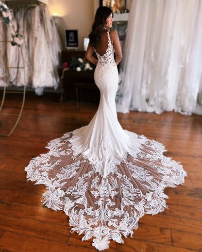 Mermaid Satin Lace V Neck Beach Wedding Gowns Bridal White Wedding Dresses HE828