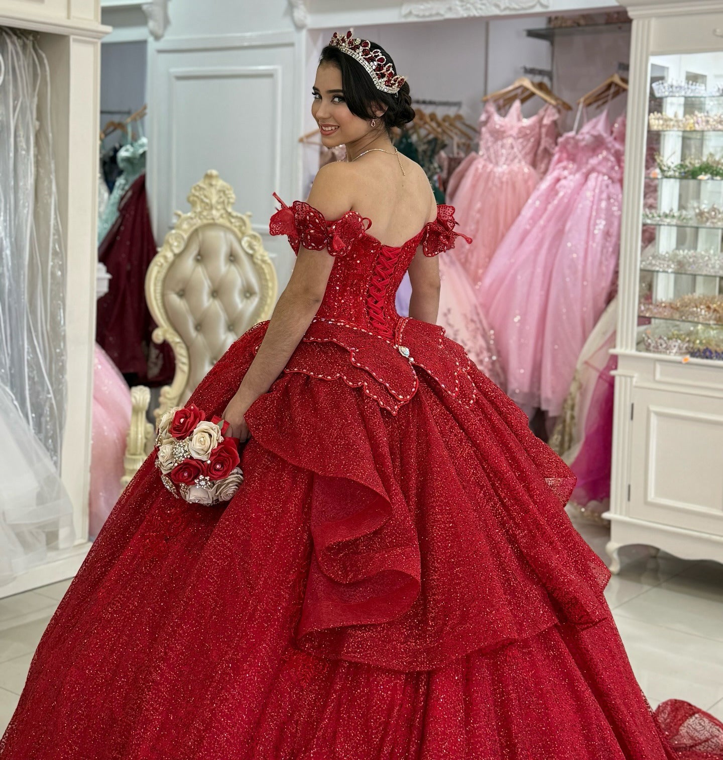 Off Shoulder Glittery Sequin Beaded Red Quinceanera Dresses for Sweet 16 HE1006