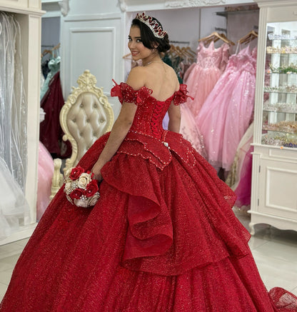 Off Shoulder Glittery Sequin Beaded Red Quinceanera Dresses for Sweet 16 HE1006