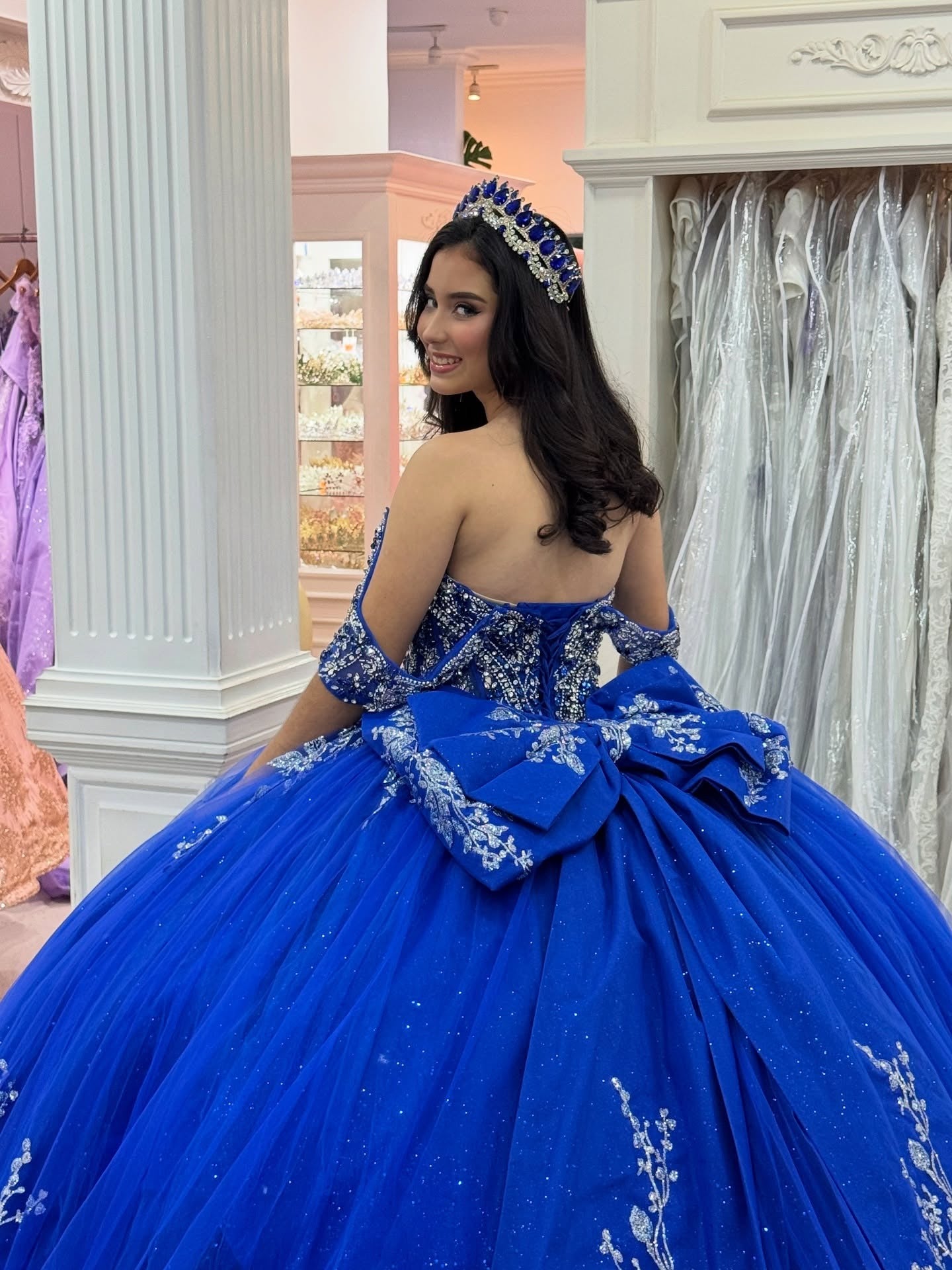 Off Shoulder Tulle Appliqued Beaded Royal Quinceanera Dresses for Sweet 16 HE1005