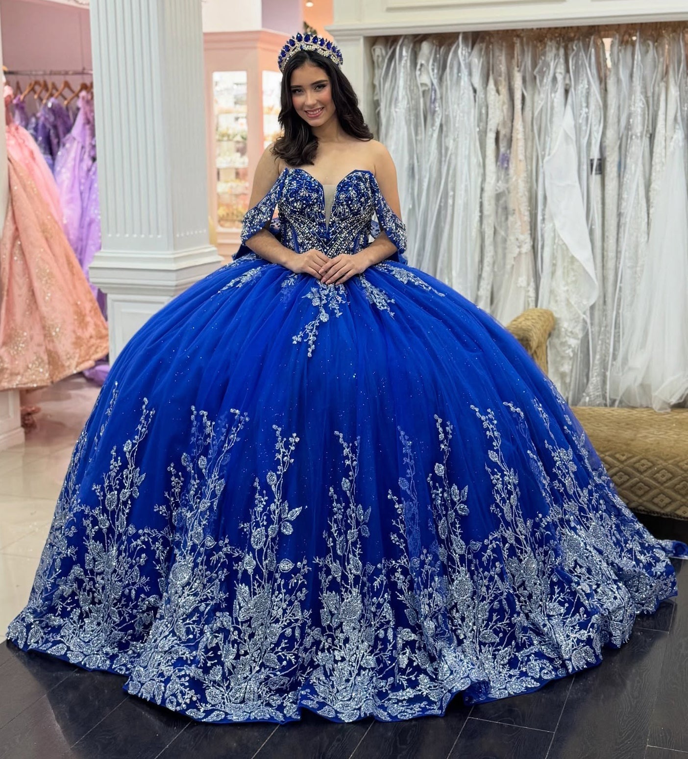 Off Shoulder Tulle Appliqued Beaded Royal Quinceanera Dresses for Sweet 16 HE1005