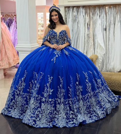 Off Shoulder Tulle Appliqued Beaded Royal Quinceanera Dresses for Sweet 16 HE1005