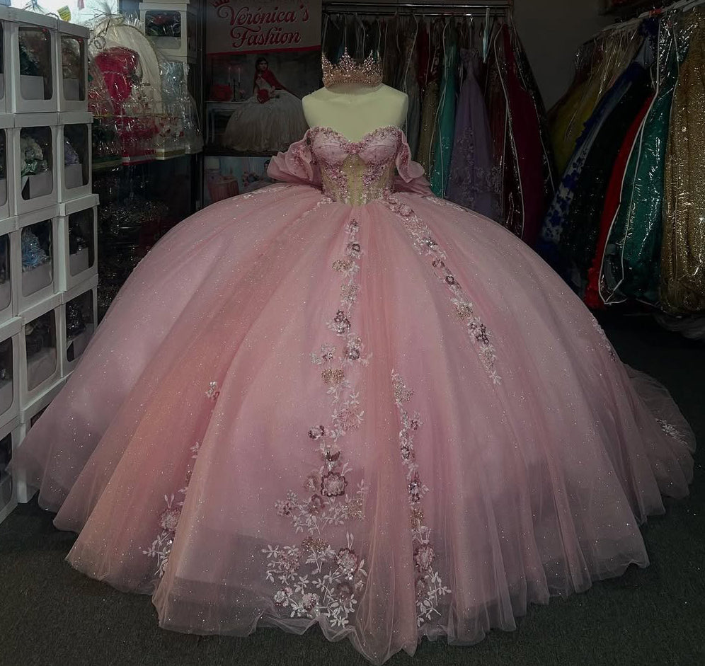 Vestidos de quinceañera con hombros descubiertos, tul princesa, apliques, vestidos de quinceañera HE530