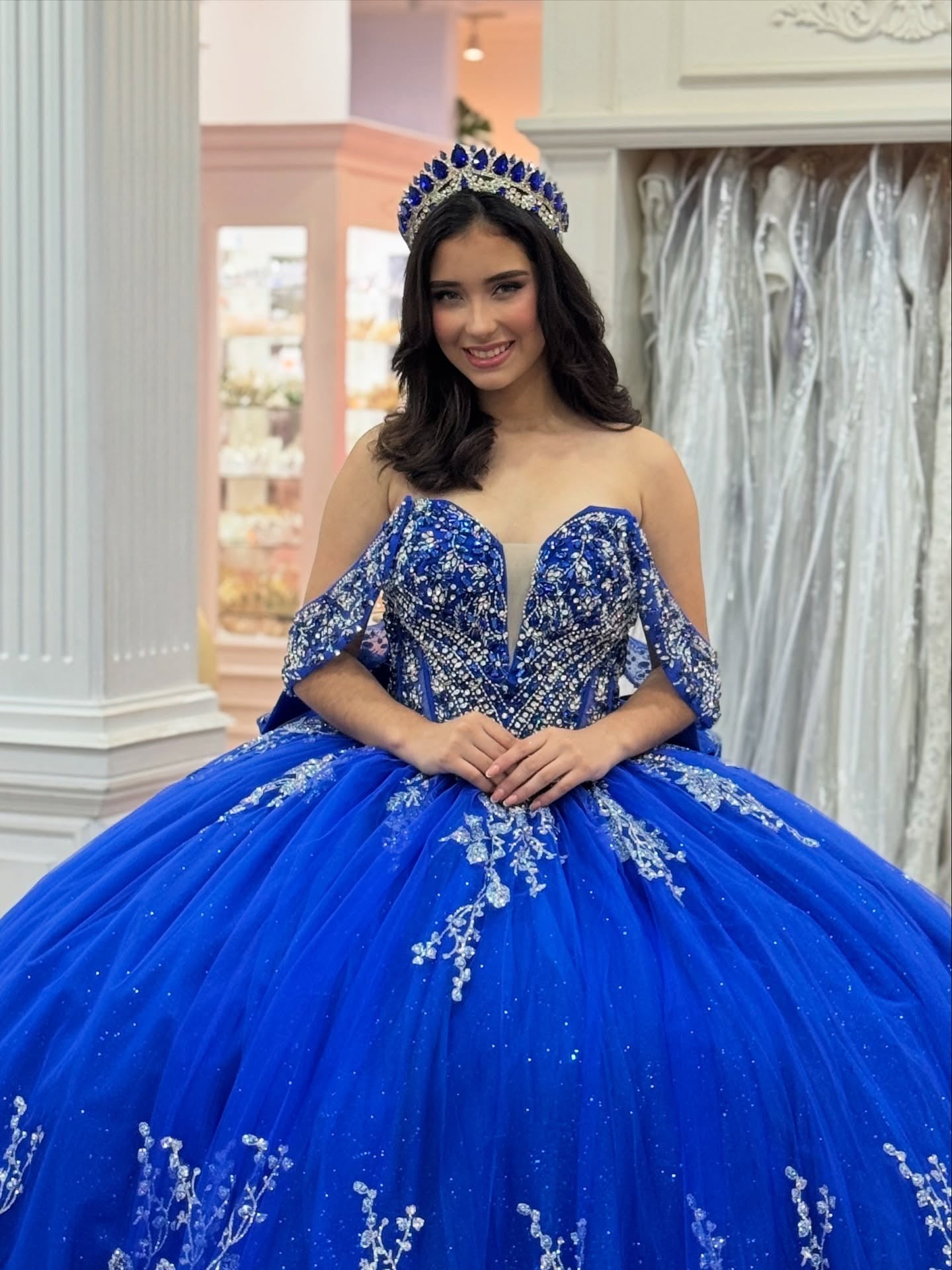 Off Shoulder Tulle Appliqued Beaded Royal Quinceanera Dresses for Sweet 16 HE1005