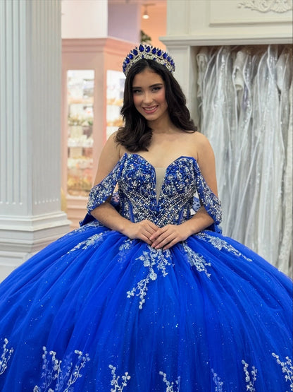 Off Shoulder Tulle Appliqued Beaded Royal Quinceanera Dresses for Sweet 16 HE1005