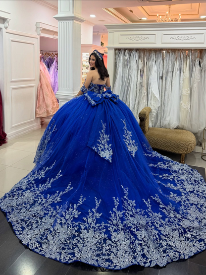 Off Shoulder Tulle Appliqued Beaded Royal Quinceanera Dresses for Sweet 16 HE1005
