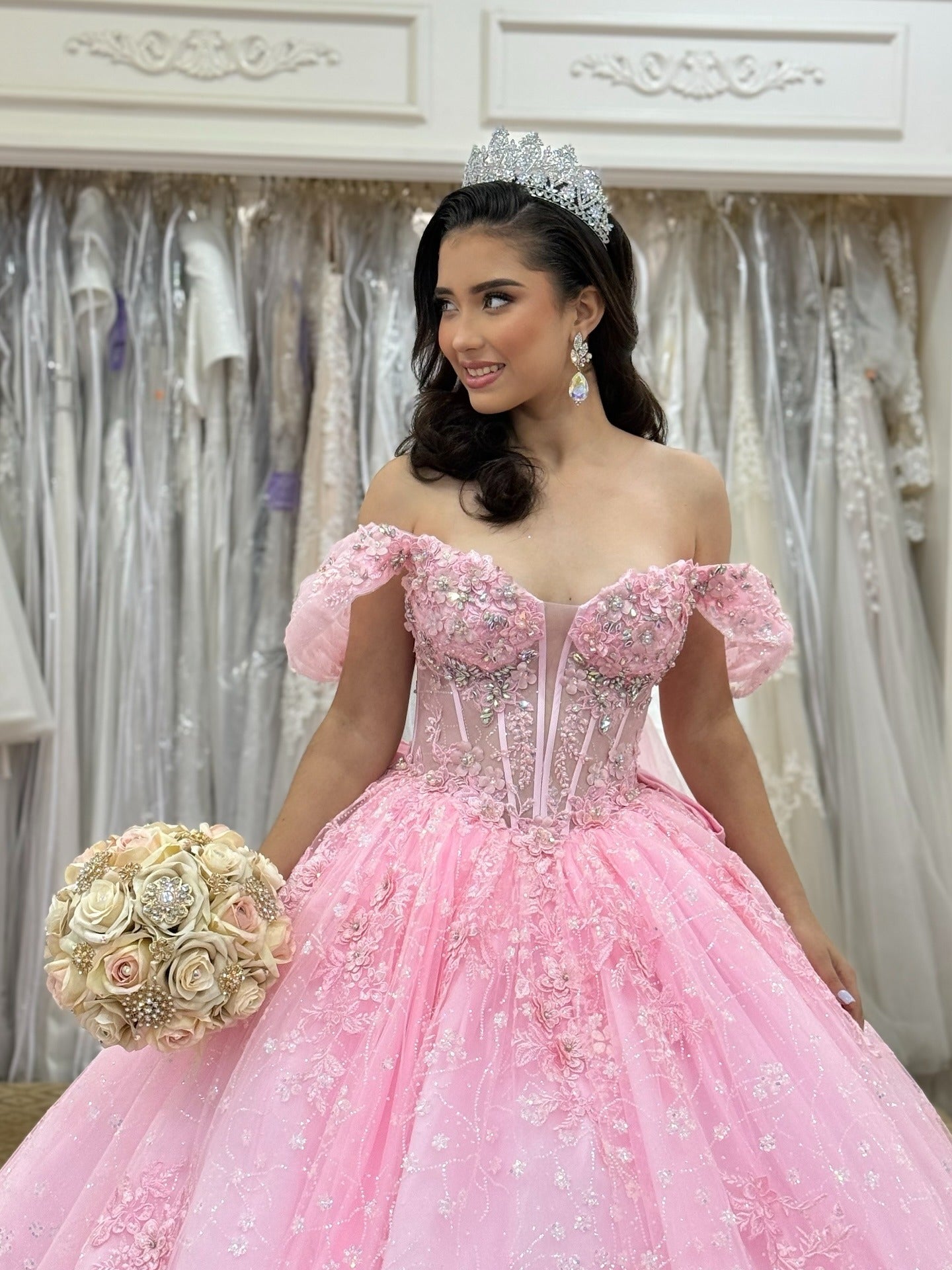Off Shoulder Pink Lace Beaded Corset Sweet 16 Quinceanera Dresses HE1015