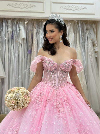 Off Shoulder Pink Lace Beaded Corset Sweet 16 Quinceanera Dresses HE1015