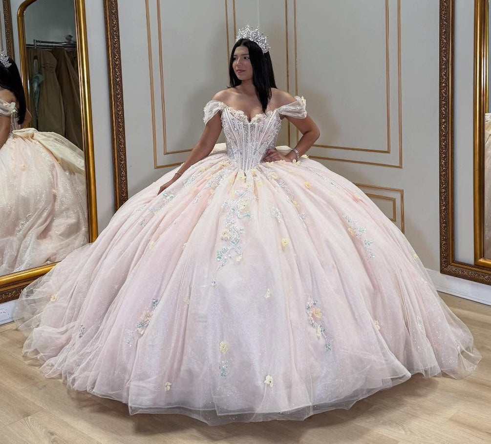 Vestidos de quinceañera con hombros descubiertos, tul princesa, apliques, vestidos de quinceañera HE530