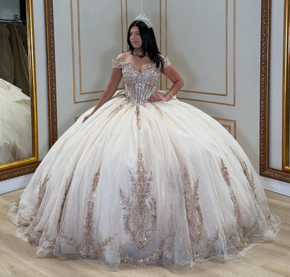 Ball Gown Off Shoulder Champagne Lace Appliqued Quinceanera Dresses with Bowknot HE879