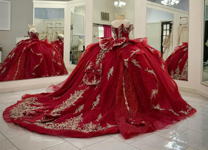 Princess Ball Gown Tulle Appliqued Beaded Sweet 16 Red Quinceanera Dresses HE823