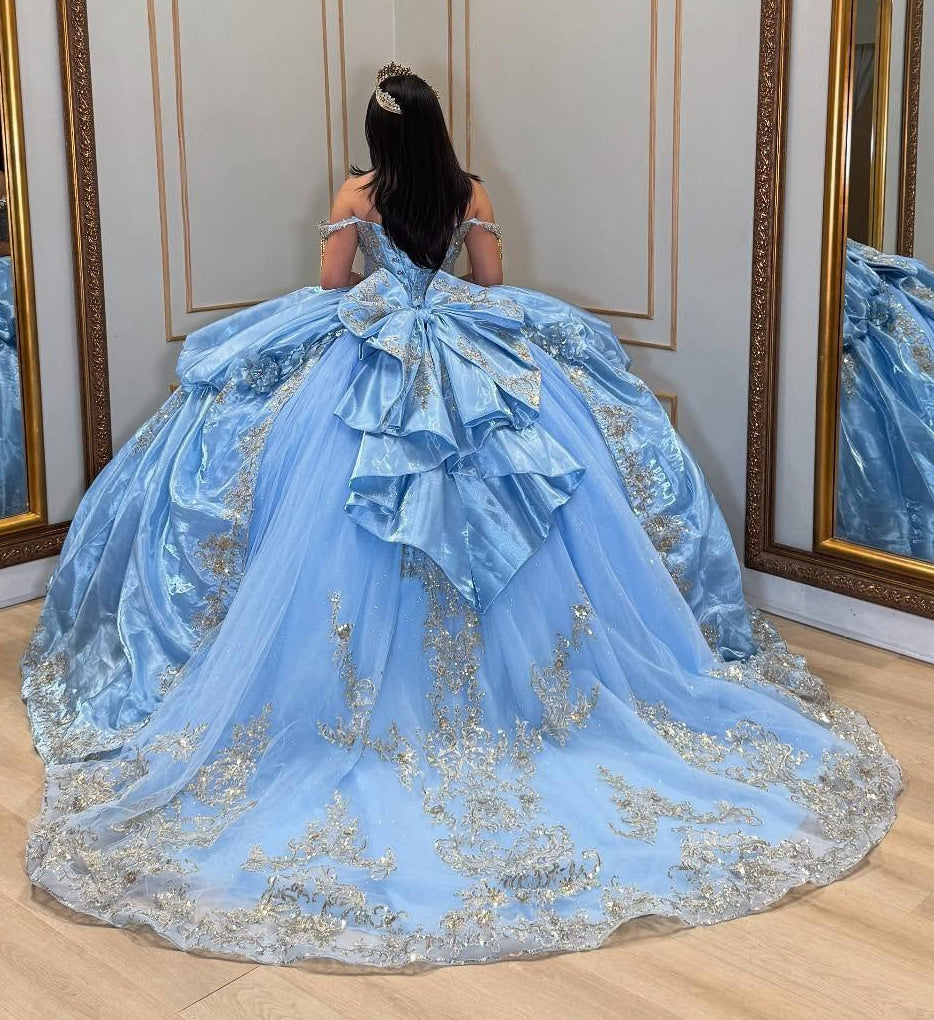 Princess Ball Gown Tulle Lace Beaded Sweet 16 Blue Quinceanera Dresses HE854