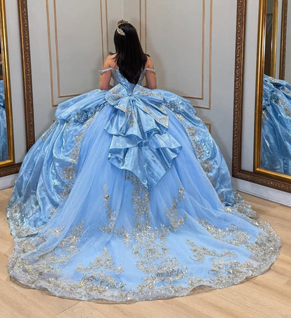 Princess Ball Gown Tulle Lace Beaded Sweet 16 Blue Quinceanera Dresses HE854