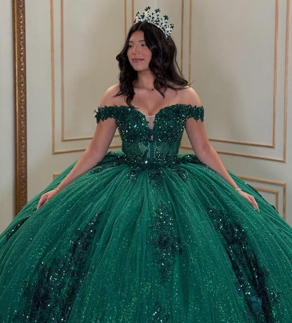 Ball Gown Glittery Tulle Lace Appliqued Green Sweet 16 Quinceanera Dresses HE851