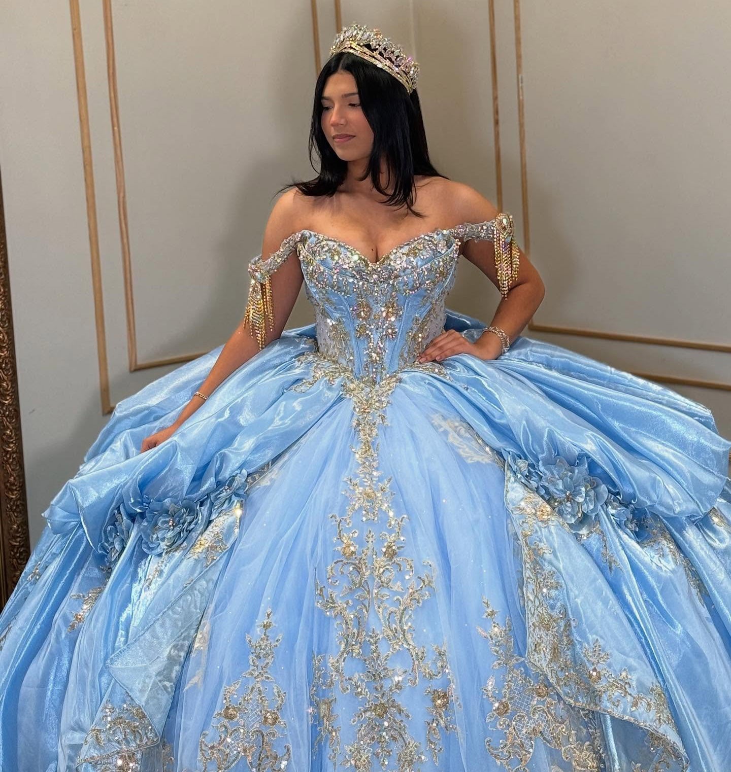 Princess Ball Gown Tulle Lace Beaded Sweet 16 Blue Quinceanera Dresses HE854