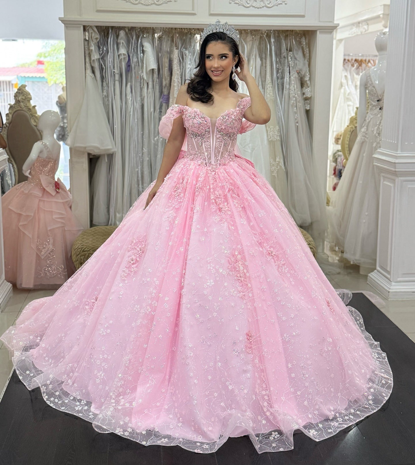 Off Shoulder Pink Lace Beaded Corset Sweet 16 Quinceanera Dresses HE1015