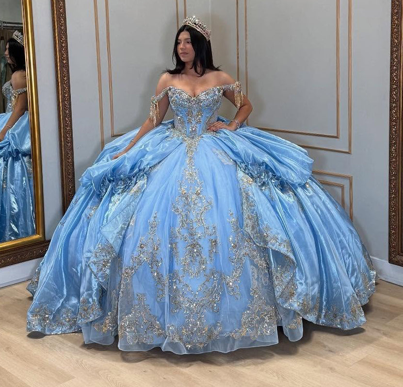 Princess Ball Gown Tulle Lace Beaded Sweet 16 Blue Quinceanera Dresses HE854
