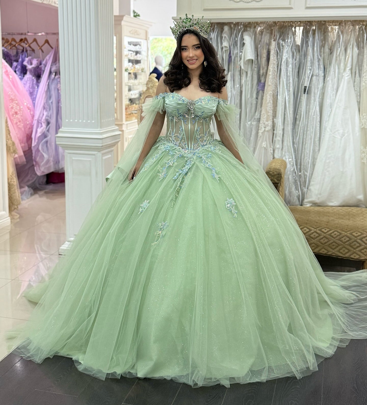 Vestidos de quinceañera con hombros descubiertos, tul princesa, apliques, vestidos de quinceañera HE530