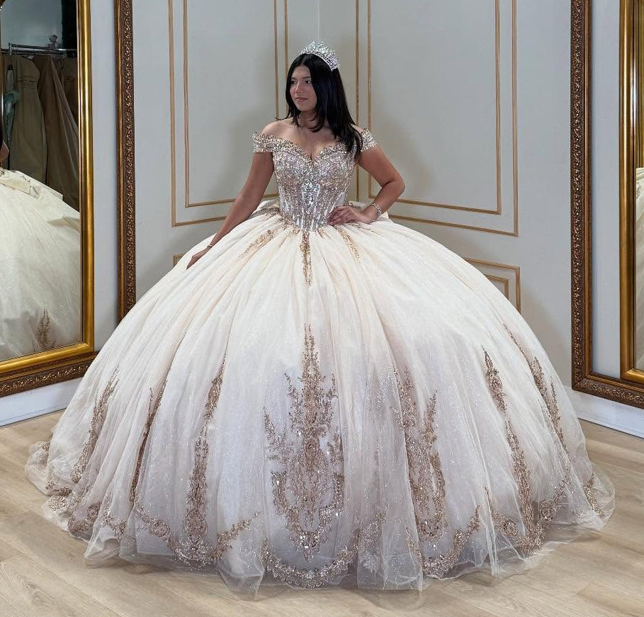 Ball Gown Off Shoulder Champagne Lace Appliqued Quinceanera Dresses with Bowknot HE879