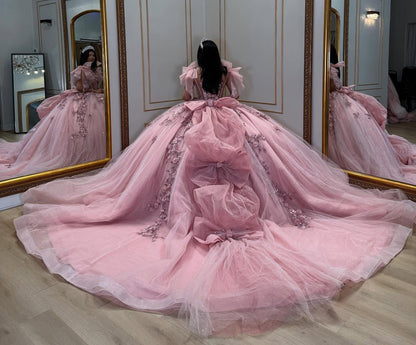 Glittery Tulle Lace Appliqued V Neck Pink Quinceanera Dresses for Sweet 16 HE852