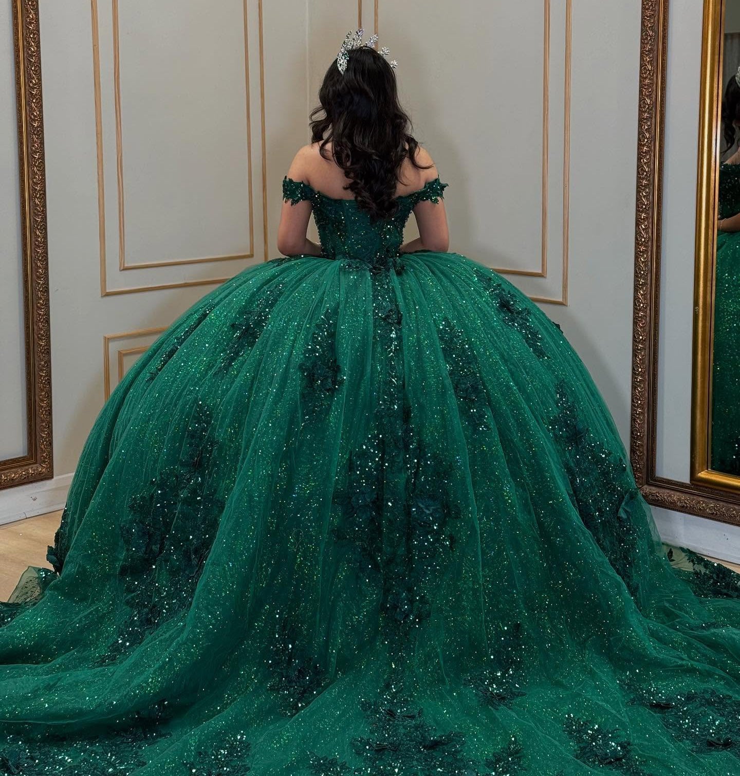Ball Gown Glittery Tulle Lace Appliqued Green Sweet 16 Quinceanera Dresses HE851