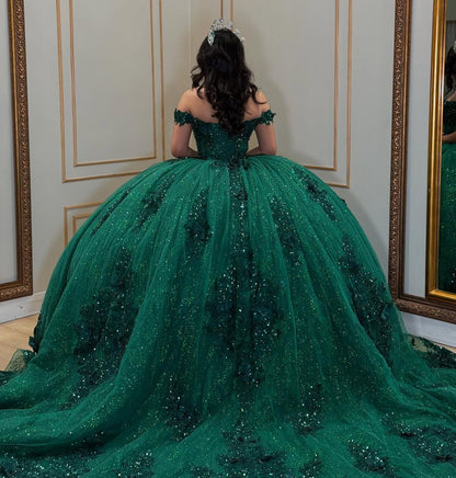Ball Gown Glittery Tulle Lace Appliqued Green Sweet 16 Quinceanera Dresses HE851