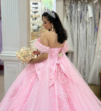 Off Shoulder Pink Lace Beaded Corset Sweet 16 Quinceanera Dresses HE1015