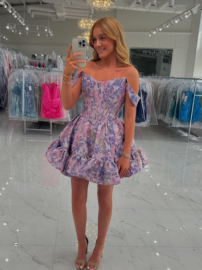 Off Shoulder Satin Floral Print A Line Short Homecoming Dresses for Juniors HE836