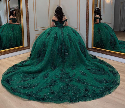 Ball Gown Glittery Tulle Lace Appliqued Green Sweet 16 Quinceanera Dresses HE851