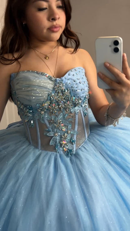 Blue Sweetheart Ball Gown Glittery Tulle Appliqued Sweet 16 Quinceanera Dresses HE820