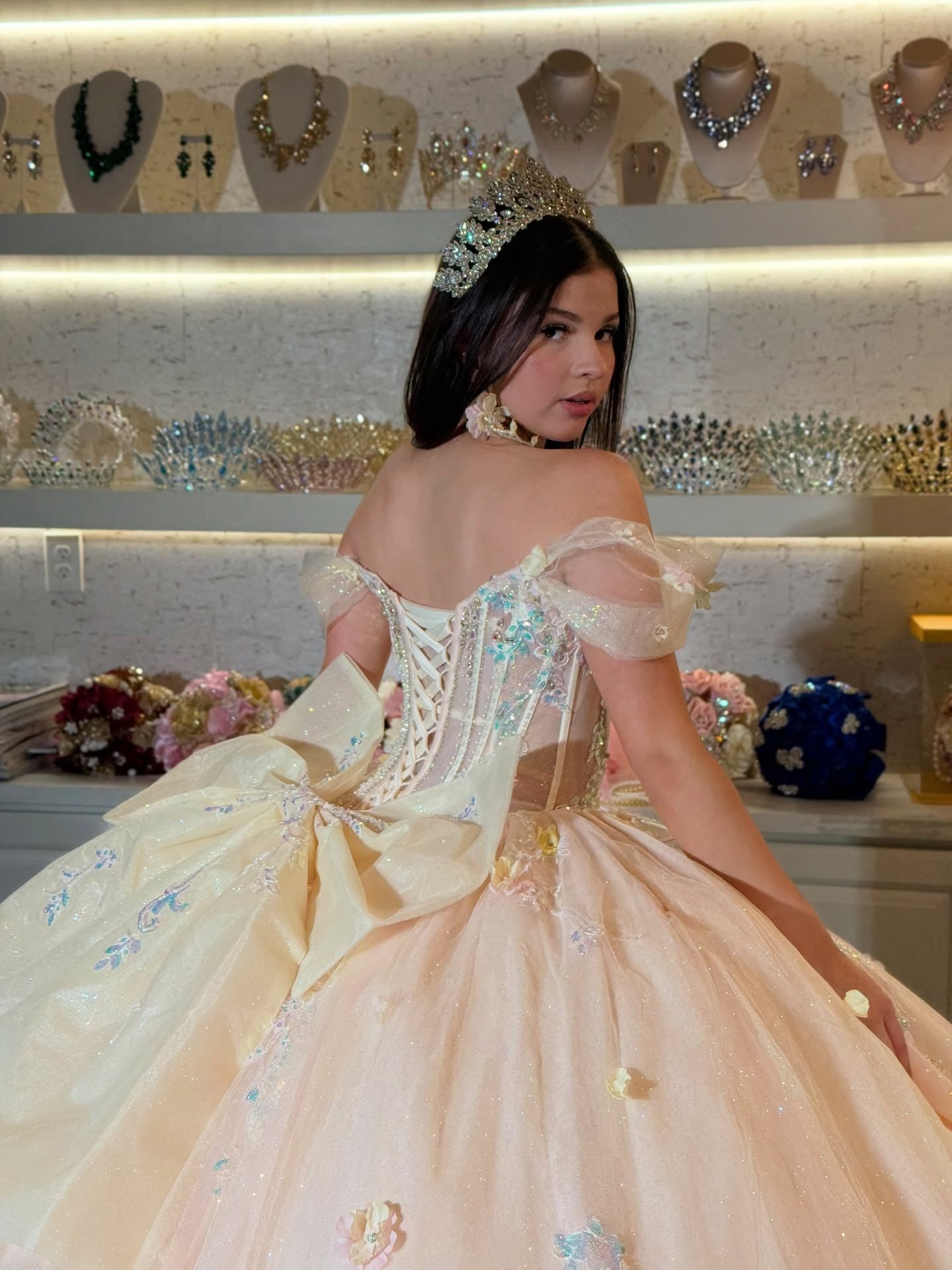 Princess Off Shoulder Glittery Tulle Beaded Quinceanera Dresses with Bowknot HE893