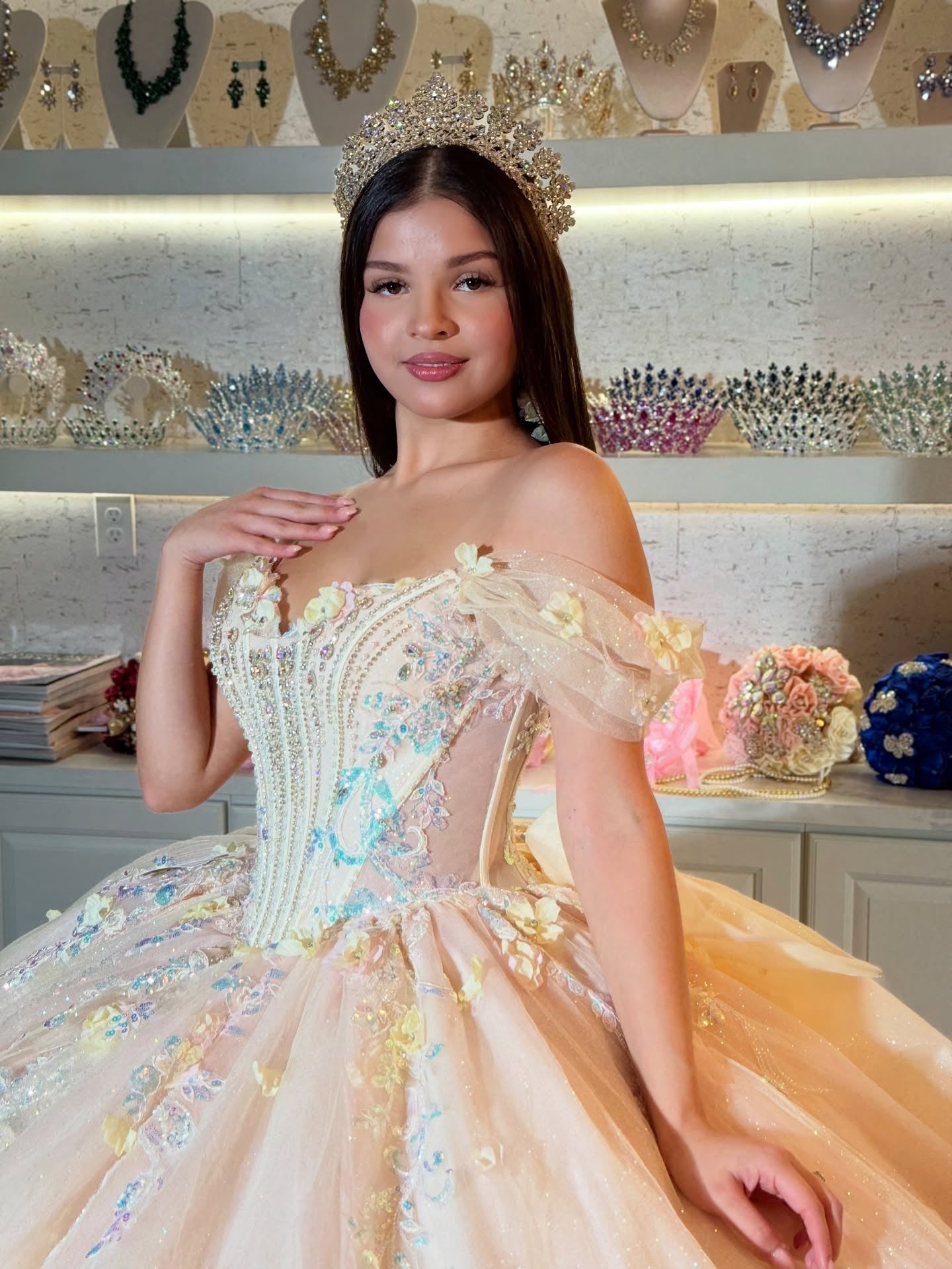 Princess Off Shoulder Glittery Tulle Beaded Quinceanera Dresses with Bowknot HE893