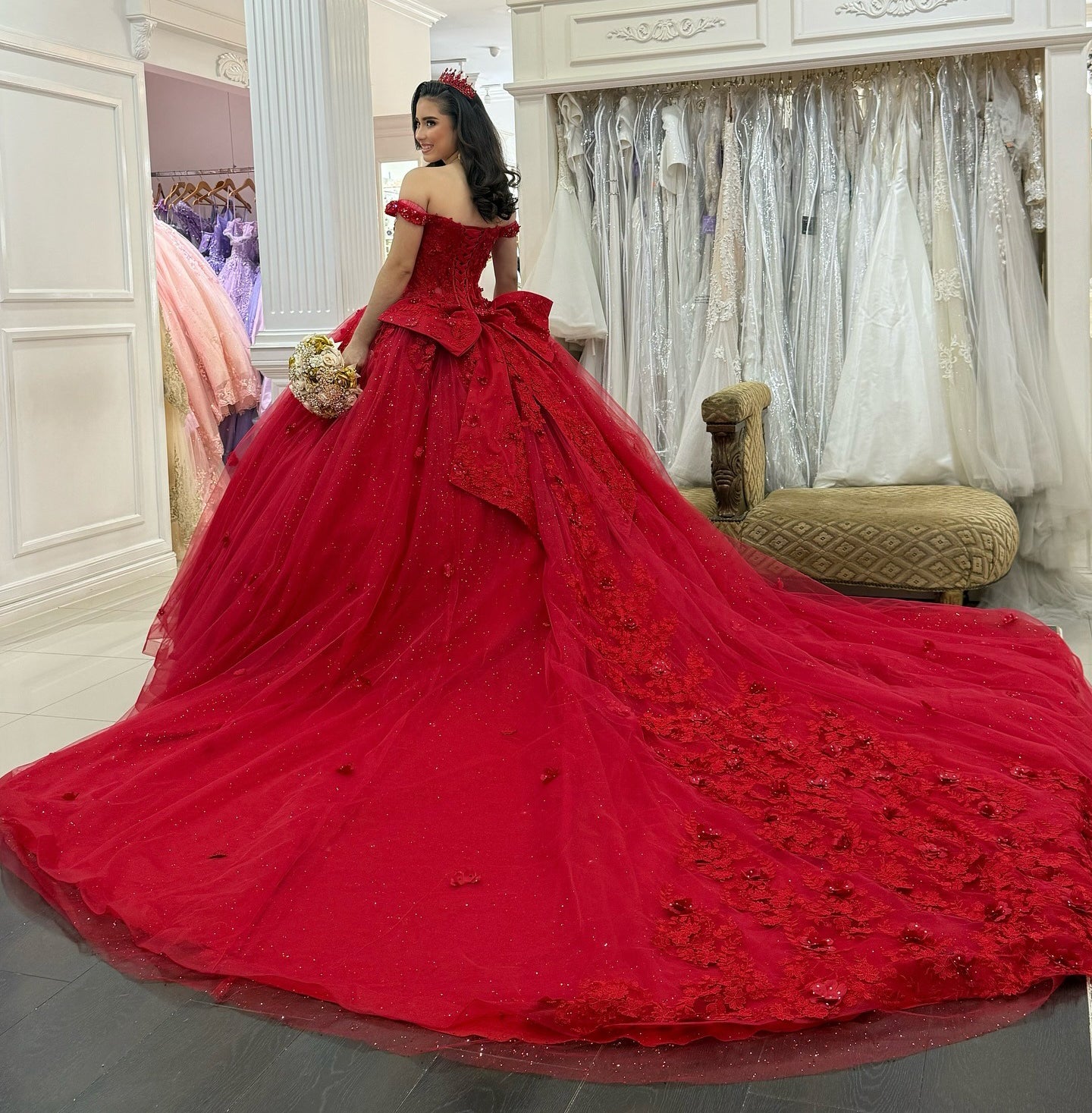 Off Shoulder Tulle 3D Flowers Corset Red Quinceanera Dresses for Sweet 16 Birthday HE1013