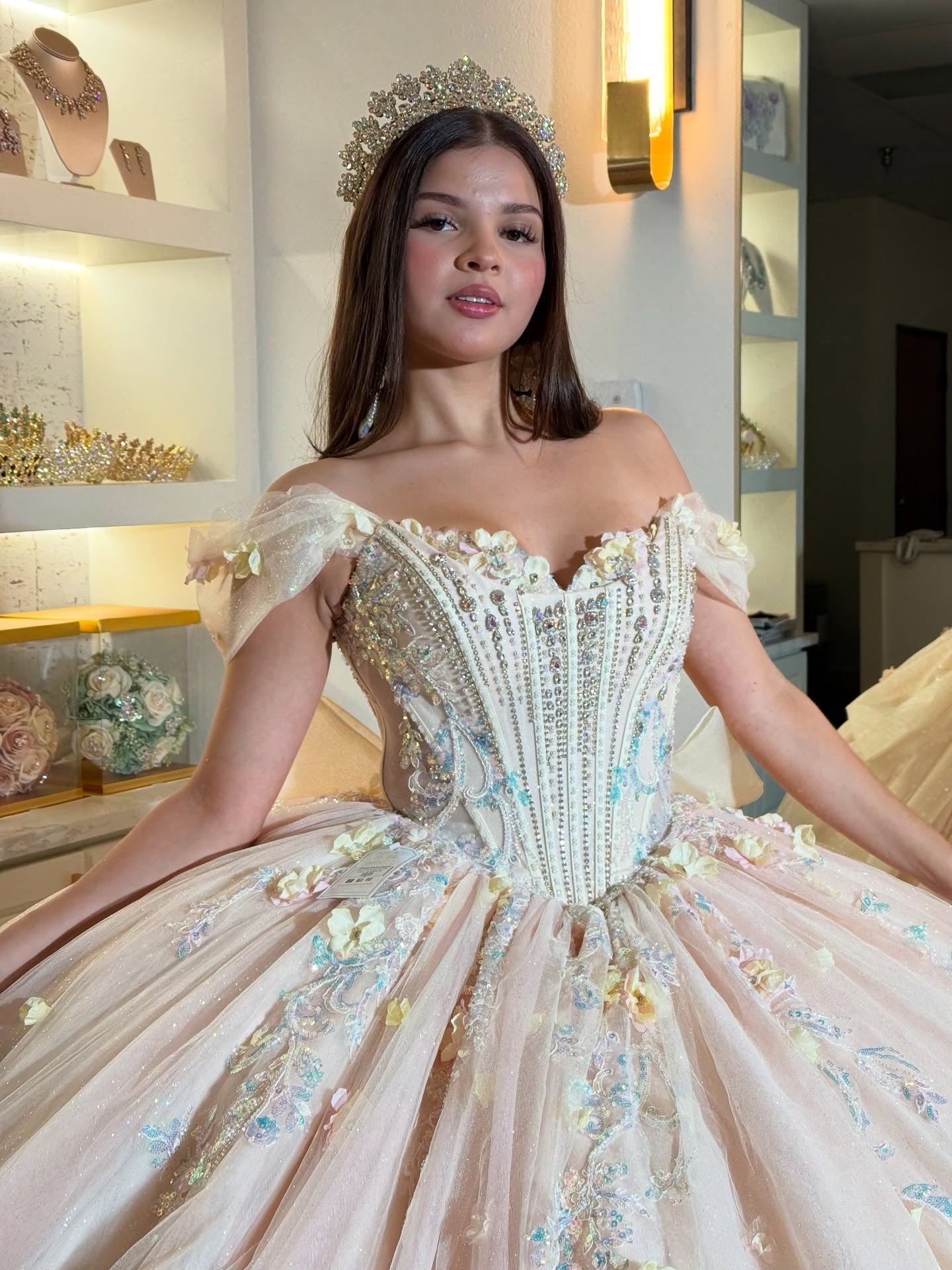 Princess Off Shoulder Glittery Tulle Beaded Quinceanera Dresses with Bowknot HE893