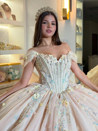 Princess Off Shoulder Glittery Tulle Beaded Quinceanera Dresses with Bowknot HE893