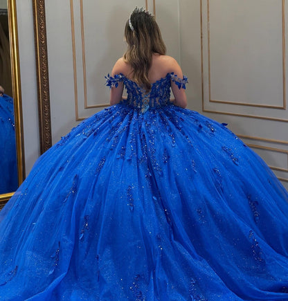Off Shoulder Corset Tulle 3d Flowers Royal Quinceanera Dresses for Sweet 16 Birthday HE910