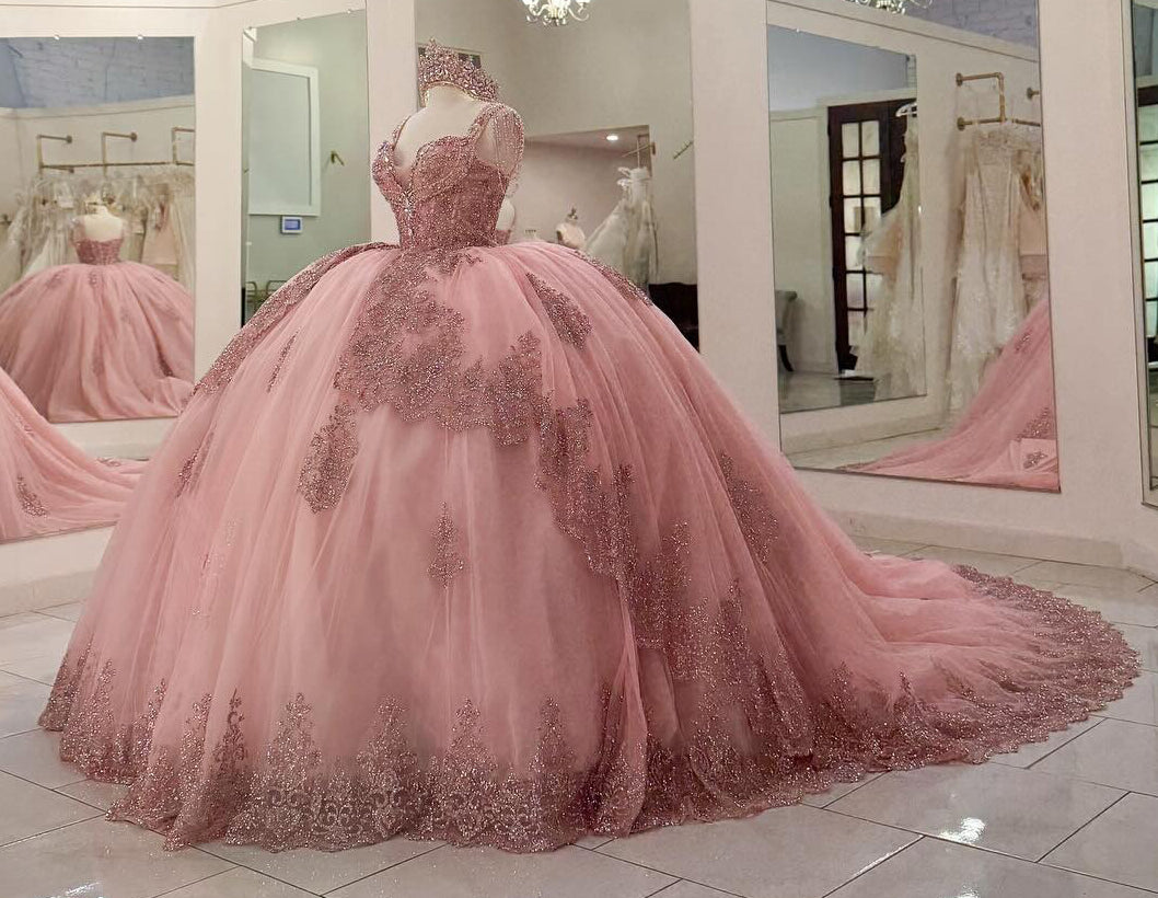 Vestidos de quinceañera con hombros descubiertos, tul princesa, apliques, vestidos de quinceañera HE530