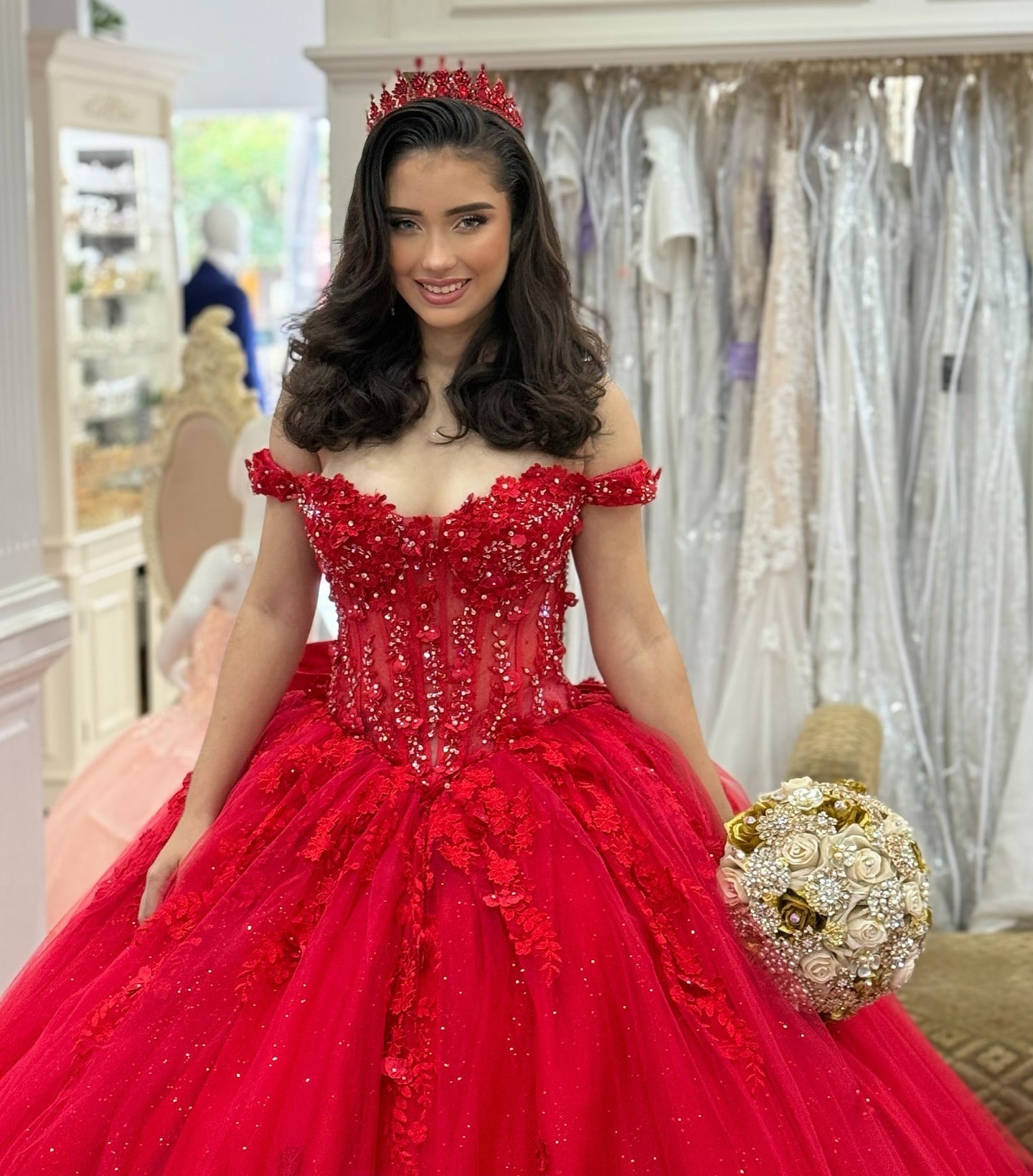 Off Shoulder Tulle 3D Flowers Corset Red Quinceanera Dresses for Sweet 16 Birthday HE1013