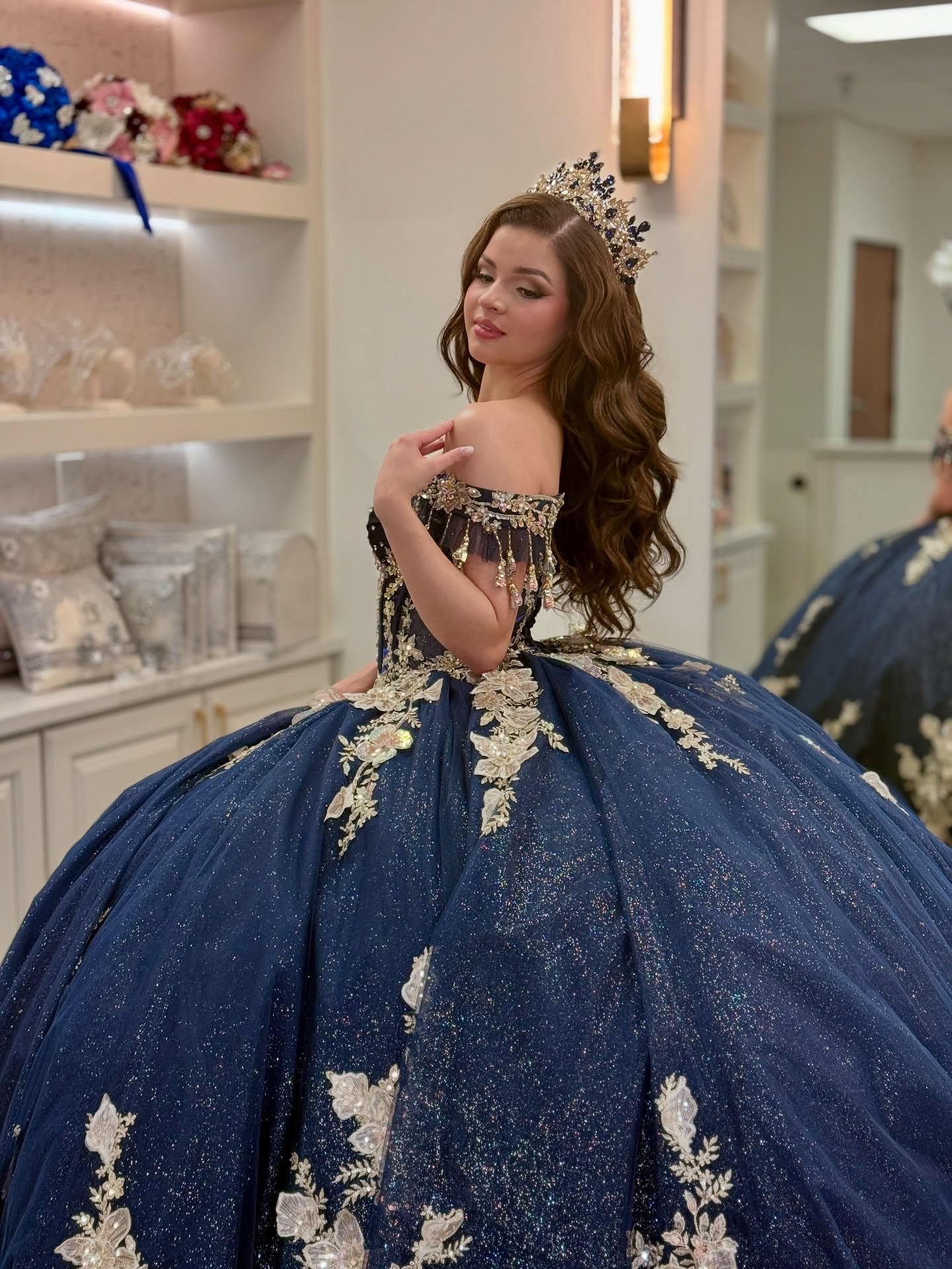 Gorgeous Glittery Tulle Appliqued Off Shoulder Quinceanera Dresses for Sweet 16 HE892