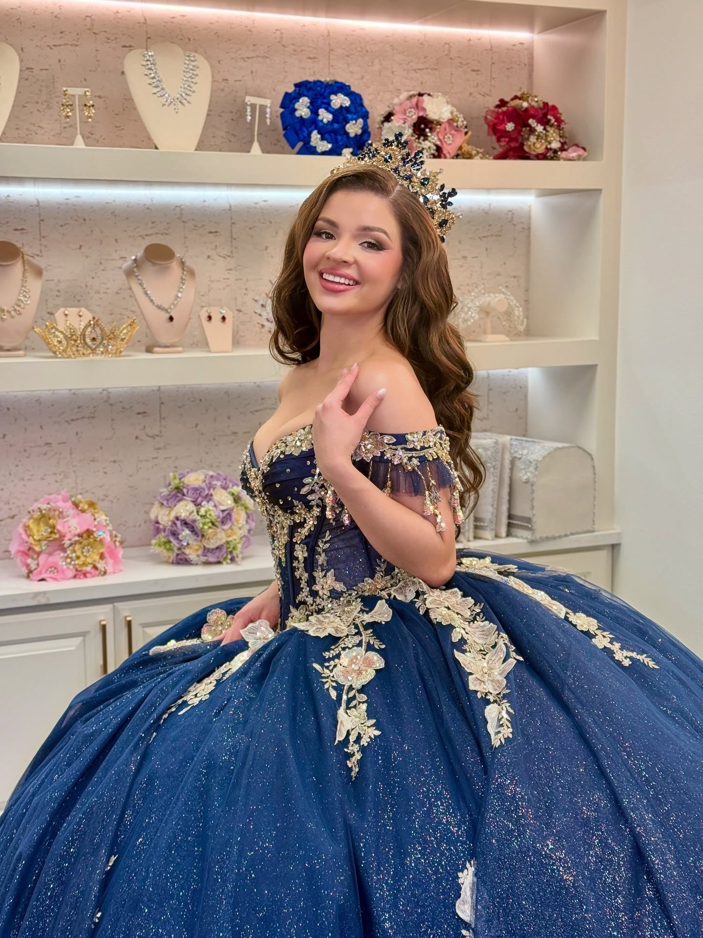 Gorgeous Glittery Tulle Appliqued Off Shoulder Quinceanera Dresses for Sweet 16 HE892
