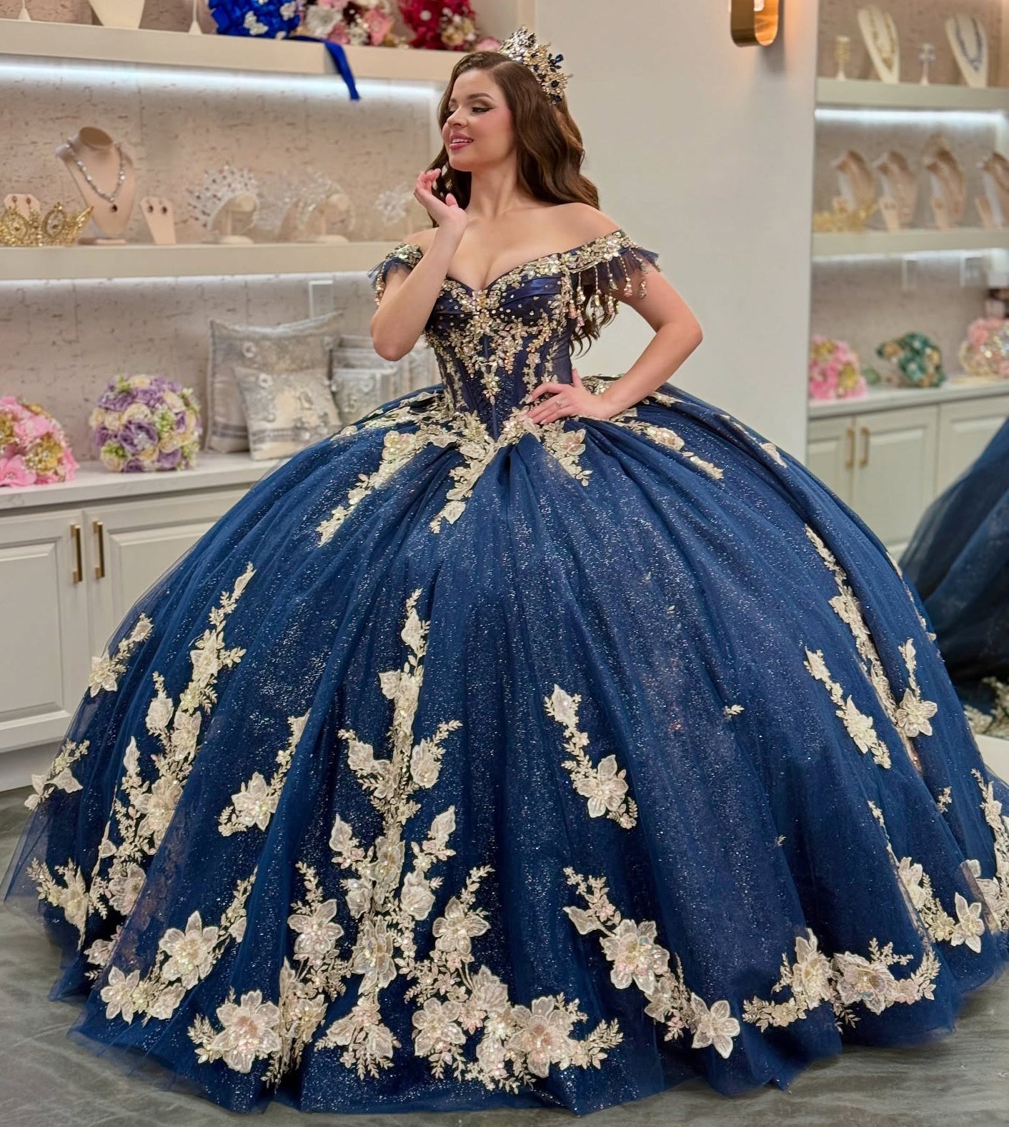 Gorgeous Glittery Tulle Appliqued Off Shoulder Quinceanera Dresses for Sweet 16 HE892