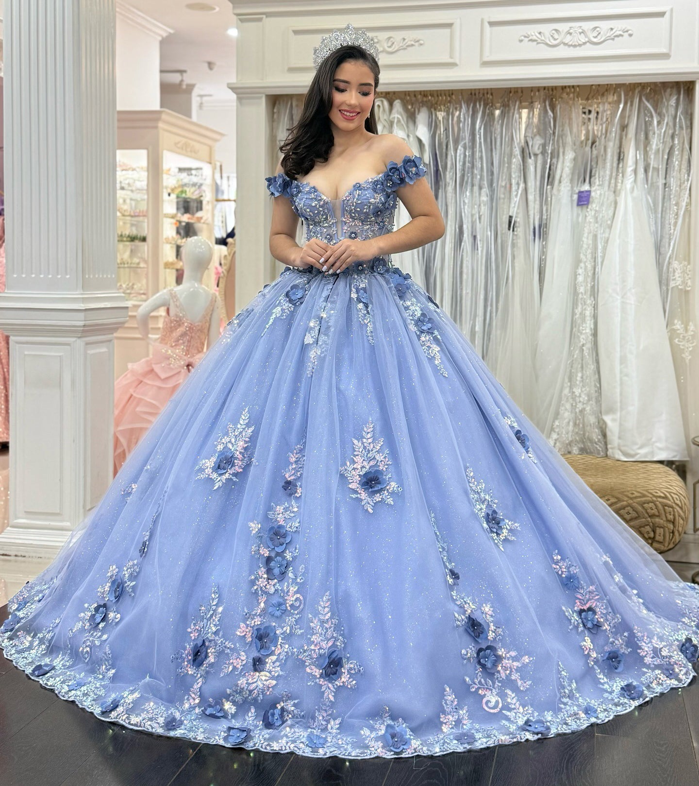 Off Shoulder Tulle 3D Flower Appliqued Quinceanera Dresses for Sweet 16 Birthday HE1011