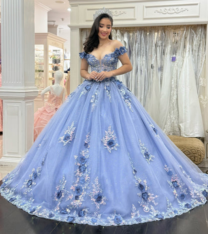 Off Shoulder Tulle 3D Flower Appliqued Quinceanera Dresses for Sweet 16 Birthday HE1011