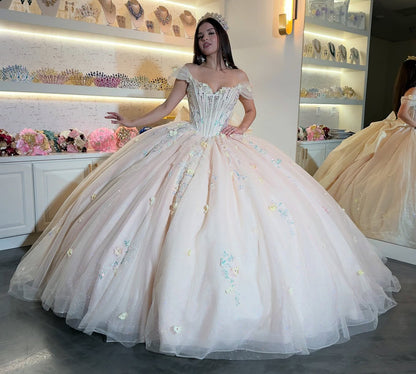 Princess Off Shoulder Glittery Tulle Beaded Quinceanera Dresses with Bowknot HE893