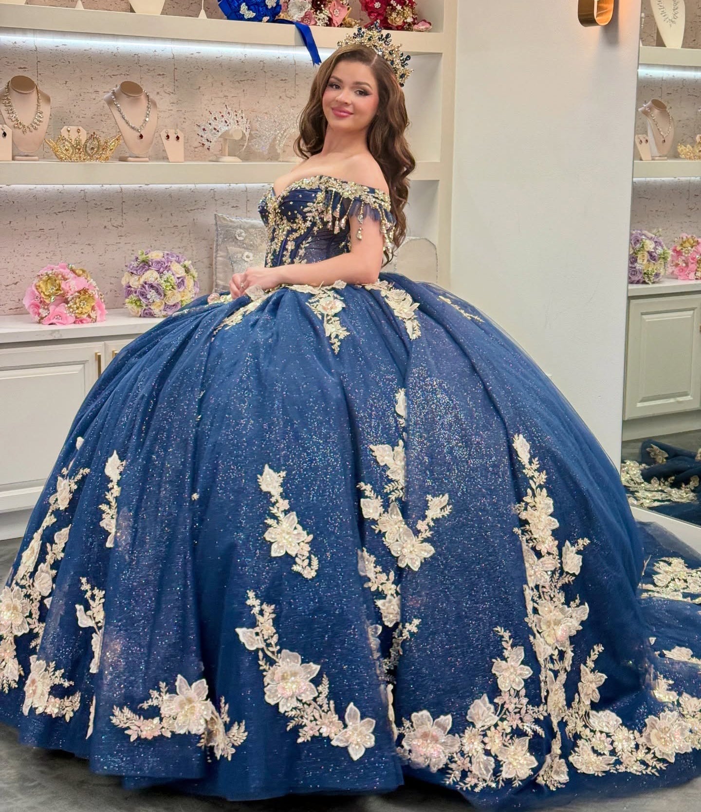 Gorgeous Glittery Tulle Appliqued Off Shoulder Quinceanera Dresses for Sweet 16 HE892