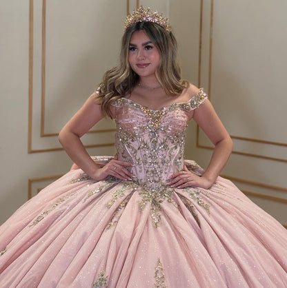 Luxury Tulle Appliqued Beaded Off Shoulder Pink Quinceanera Dresses for Sweet 16 HE908