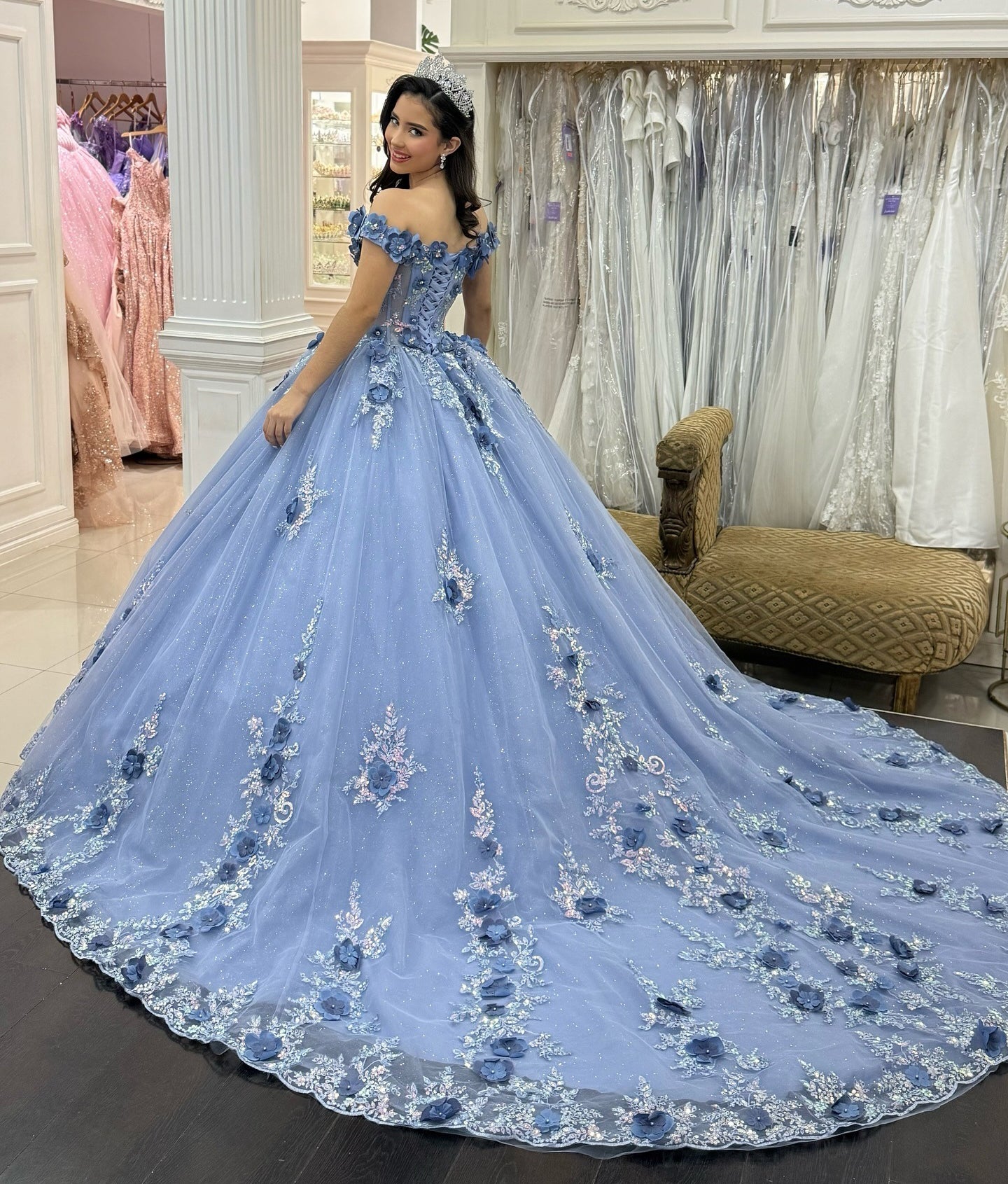 Off Shoulder Tulle 3D Flower Appliqued Quinceanera Dresses for Sweet 16 Birthday HE1011