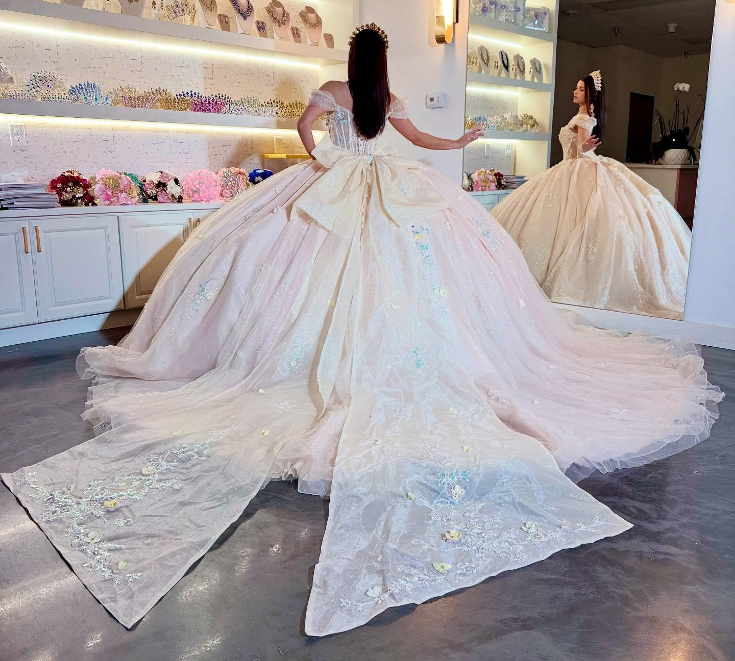 Princess Off Shoulder Glittery Tulle Beaded Quinceanera Dresses with Bowknot HE893