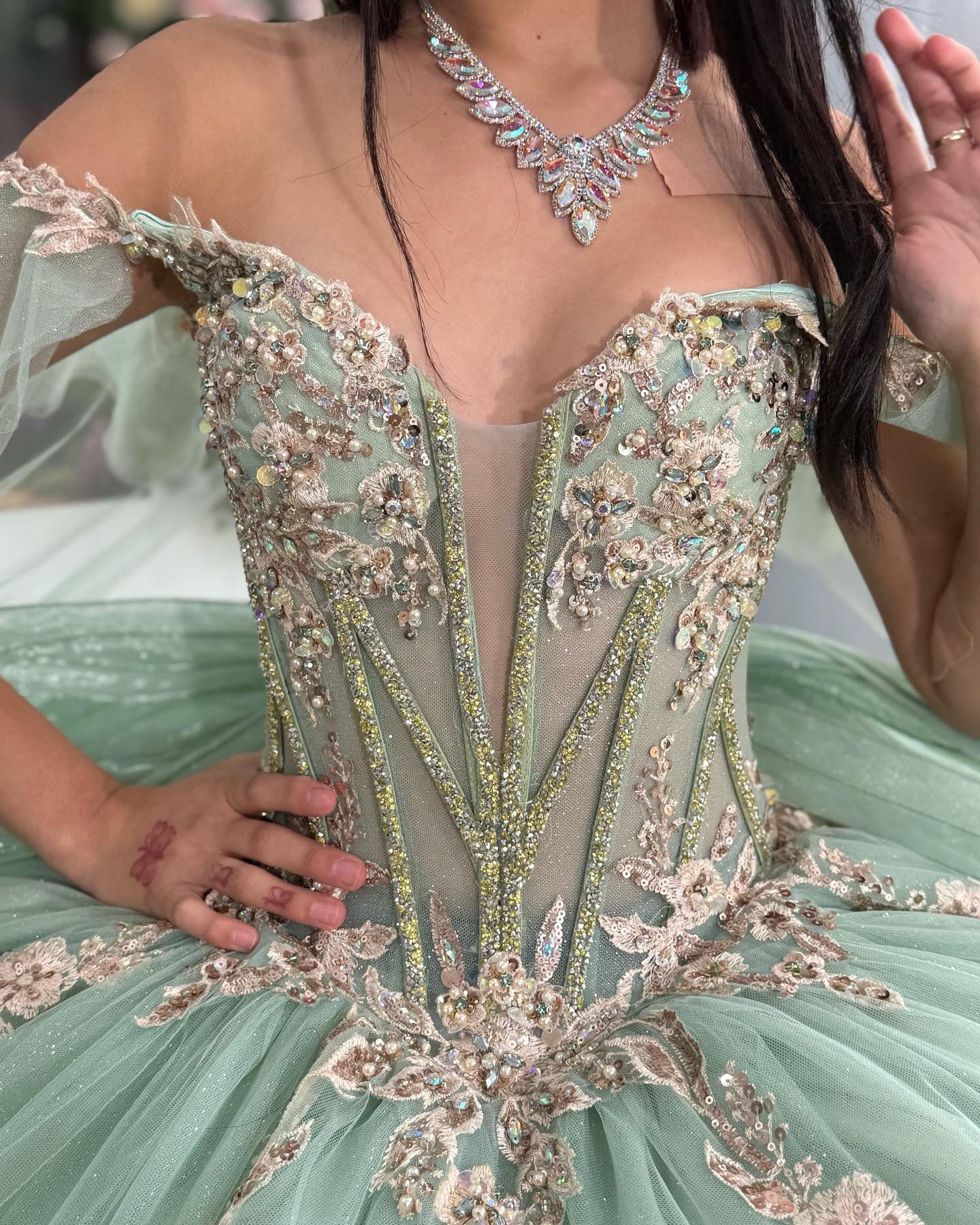 Princess Ball Gown Off Shoulder Tulle Appliqued Quinceanera Dresses for Teens HE891
