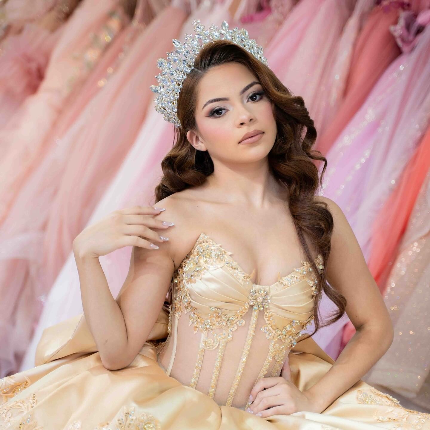 Sweetheart Gorgeous Ball Gown Tulle Appliqued Champagne Quinceanera Dresses HE900